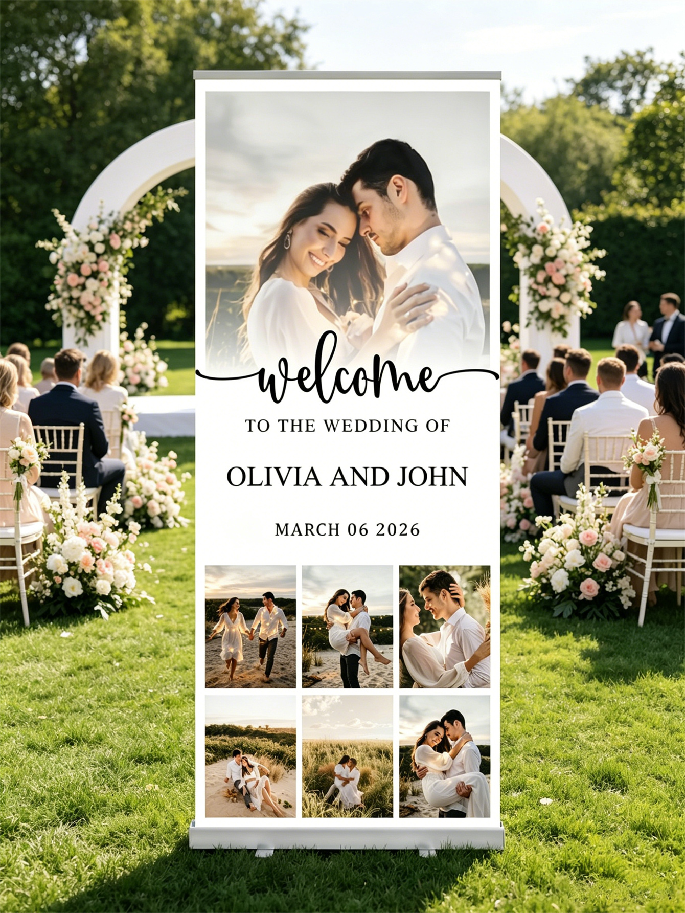 Customized wedding retractable banners - personalized photo wedding welcome signs, reception decorations and background curtains